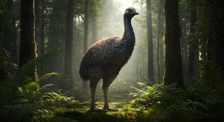 Majestic Moa in the Ancient Forest: A Digital Recreation of Extinct Avian Giant