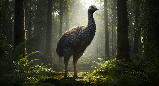 Majestic Moa in the Ancient Forest: A Digital Recreation of Extinct Avian Giant