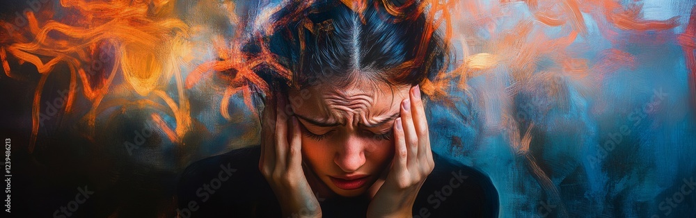 Poster headache. a visual representation of chaotic thoughts and struggles with anxiety. the artwork convey