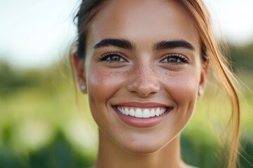 Fototapeta premium Woman with a smile on her face and a green background