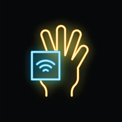 Obraz premium Neon icon of a hand holding a wireless network symbol, glowing on a black background