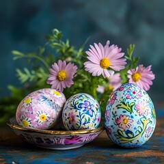 Fototapeta premium Easter eggs with flowers on table
