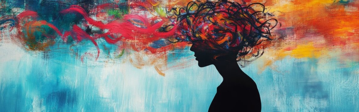 Headache. A silhouette of a person stands amidst a vibrant swirl of colors, representing chaotic thoughts and emotional turmoil. The artwork captures the essence of anxiety through dynamic patterns