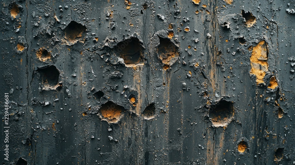 Poster a rugged wall showcases a tapestry of textures, featuring deep pockmarks and peeling paint remnants.