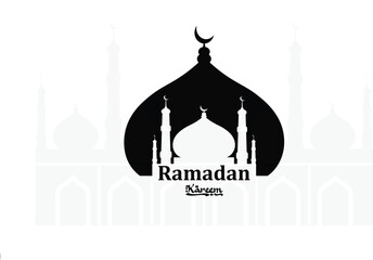 Ramadan Kareem Mosque 2025 poster, card banner with moon, lump. masjid, and orange background. with vector