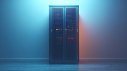 Modern server rack illuminated by blue and orange lights in a minimalist room setting