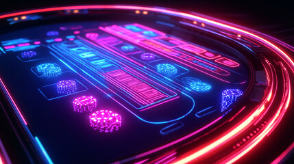 Obraz premium Neon baccarat table lit up with colorful lights on a shadowy casino floor. 