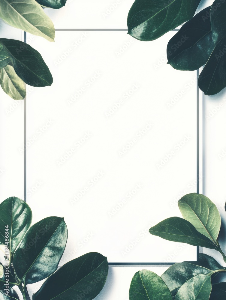 Poster Blank frame surrounded by glossy green leaves on a light background for creative projects and presentations. Generative AI