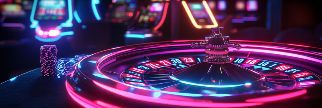 Neon baccarat table lit up with colorful lights on a shadowy casino floor. 