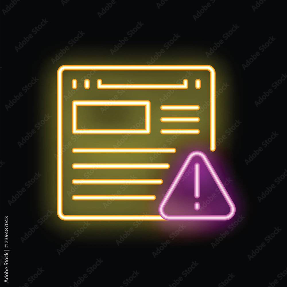 Poster neon sign of a website page with an exclamation point warning sign, concept of system error, website