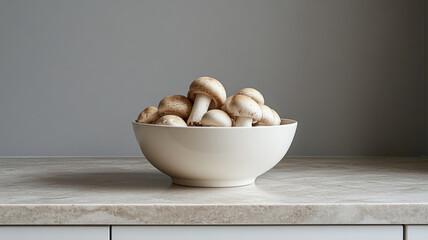 Bowl of button mushrooms on a marble countertop.