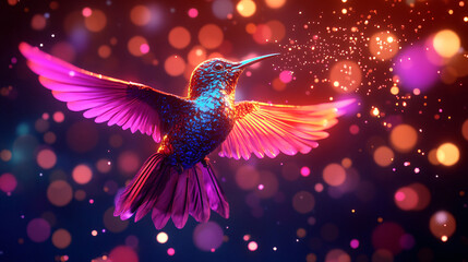 Neon bird in flight with vivid colors against a dark, starry background. 