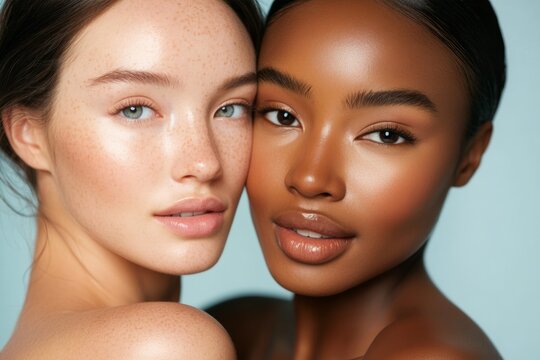 Two women with different skin tones are standing next to each other