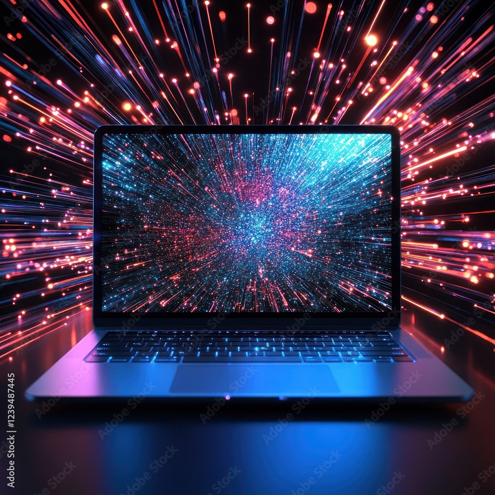 Poster laptop displaying data burst; futuristic background; technology concept; website header