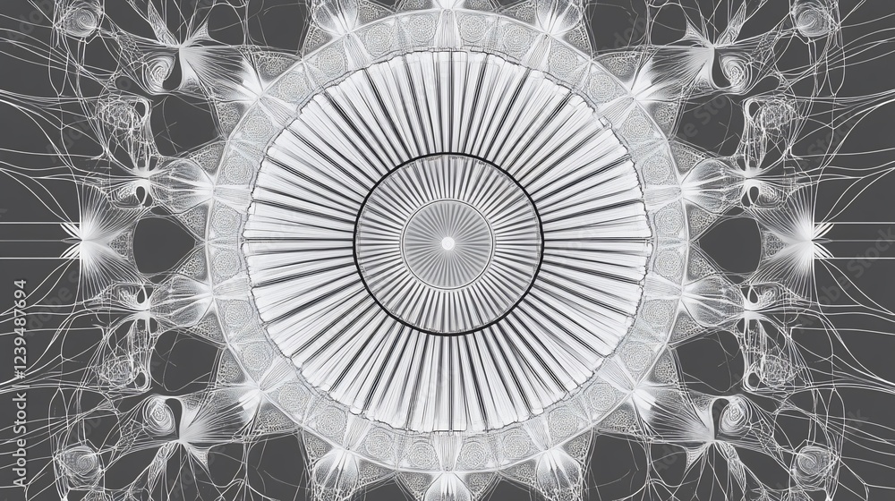 Poster intricate circular design with radial lines and delicate web like patterns