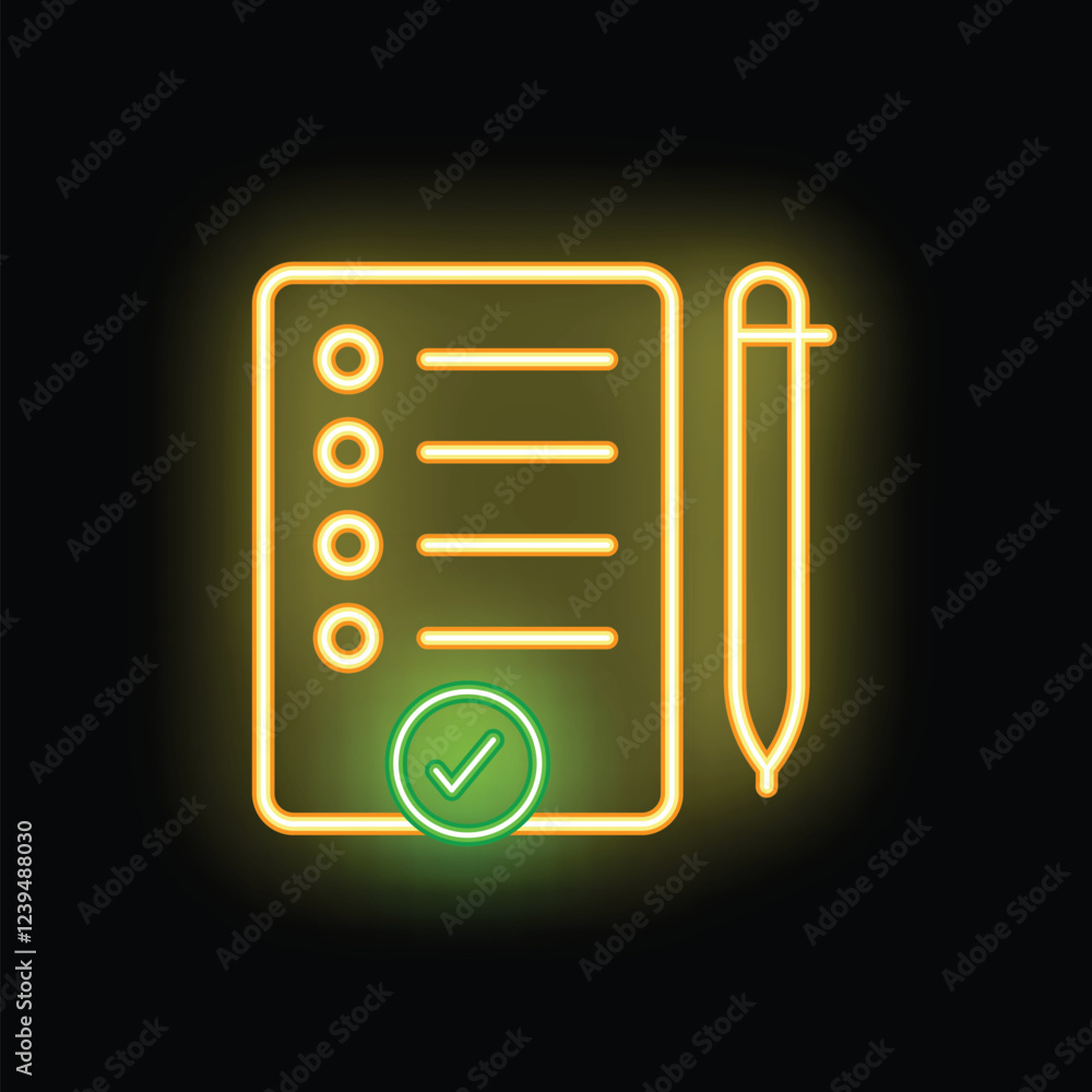 Poster glowing neon icon of a checklist with a checkmark and a pen, symbolizing task management and product