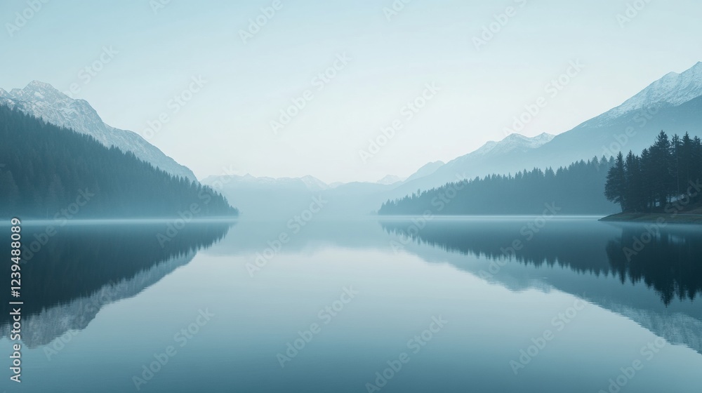 Poster calm morning on a tranquil lake surrounded by misty mountains and evergreen trees in early dawn ligh