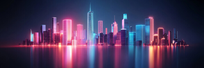 Fototapeta premium Neon cityscape skyline glowing against a midnight background. 