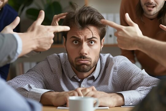 Stressed businessman under pressure and gossip, accused by beautiful hands in workplace.