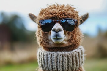 Obraz premium Stylish brown alpaca wearing shades and a wool neckpiece