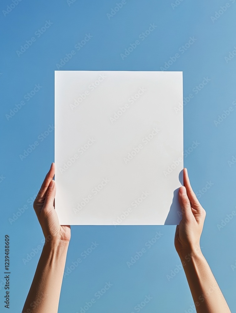 Aufkleber Hands holding a blank white sheet against a clear blue sky during daylight hours with no visible clouds. Generative AI