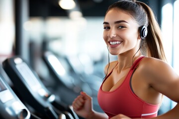 Fototapeta premium Woman is running on a treadmill with headphones on