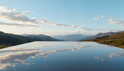 Reflective surface on hilltop mirroring sky, illusion of infinity