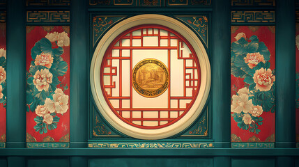 Chinese window frame painted with symbolic motifs and auspicious symbols. Symbolic Motifs. Illustration