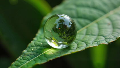 Magnified water droplet reflecting landscape on green leaf, nature's beauty