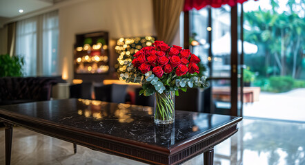 Beautiful floral arrangement of red and white roses forming a heart shape, symbolizing love and romance, perfect for Valentine's Day, weddings, or special celebrations.