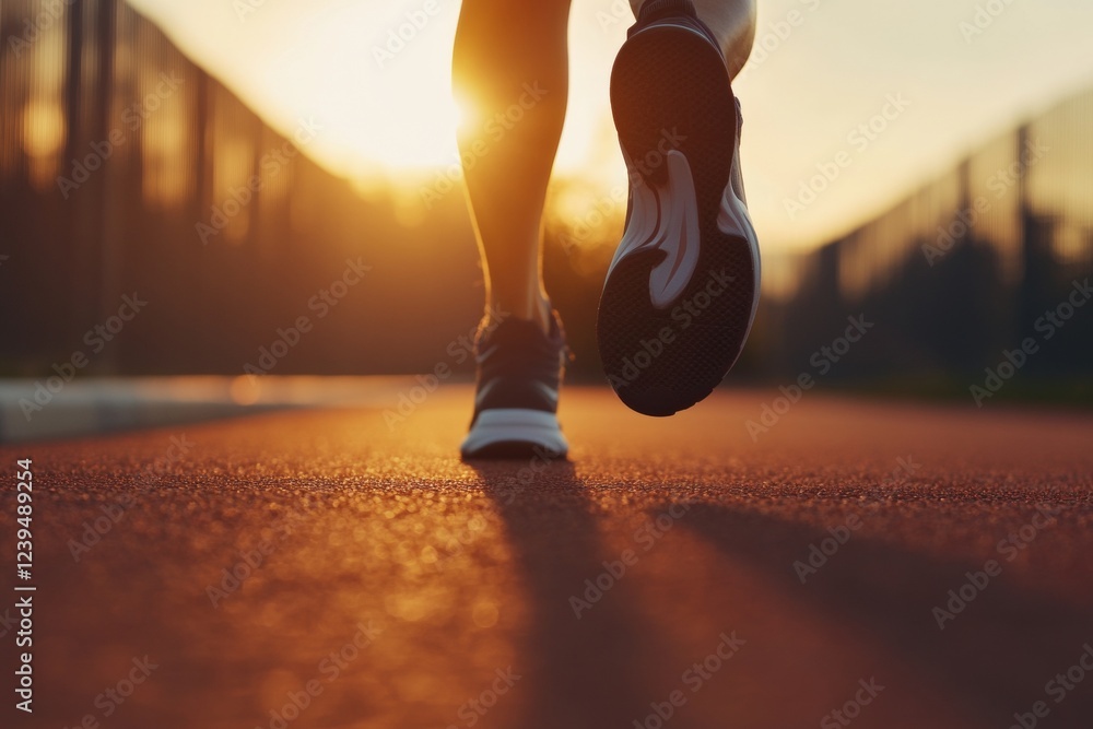 Poster person is running on a track with the sun setting in the background