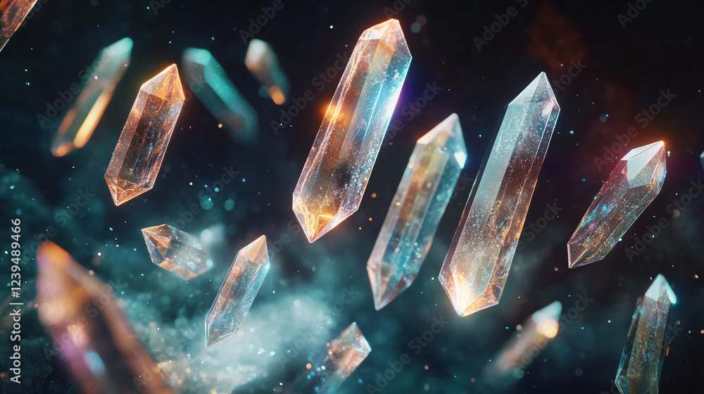 Poster neon crystal shards floating against a dark cosmic backdrop.