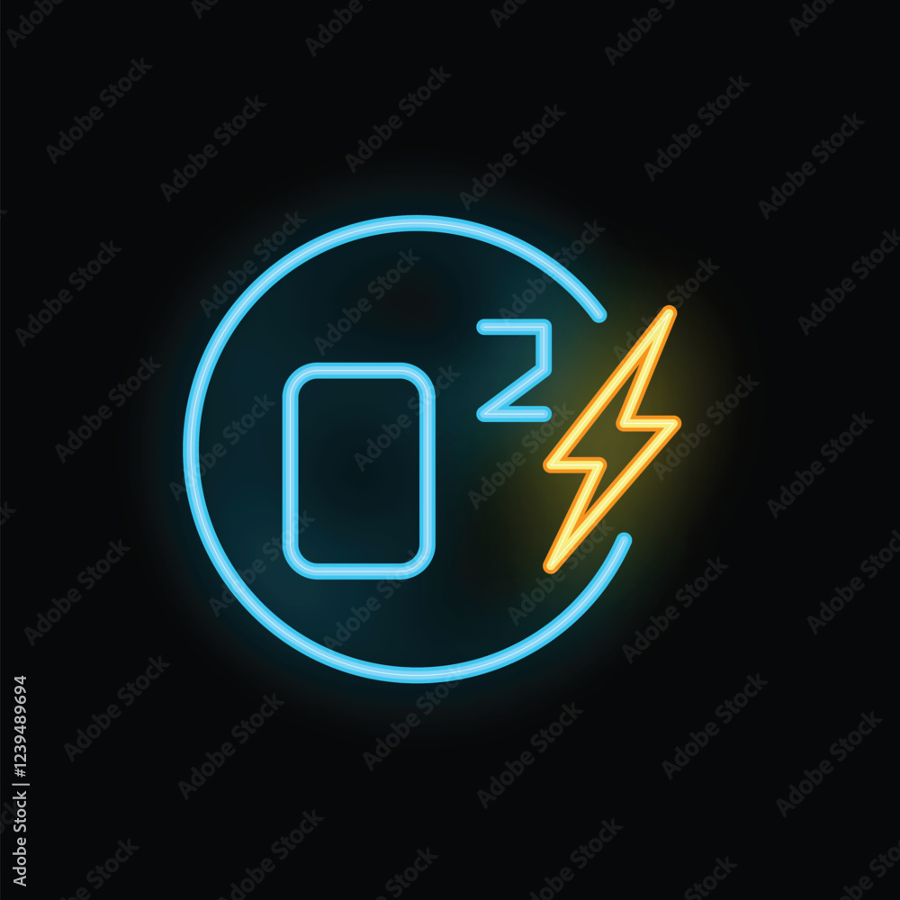Poster neon sign showing oxygen level increasing from zero to two with an energy bolt symbol