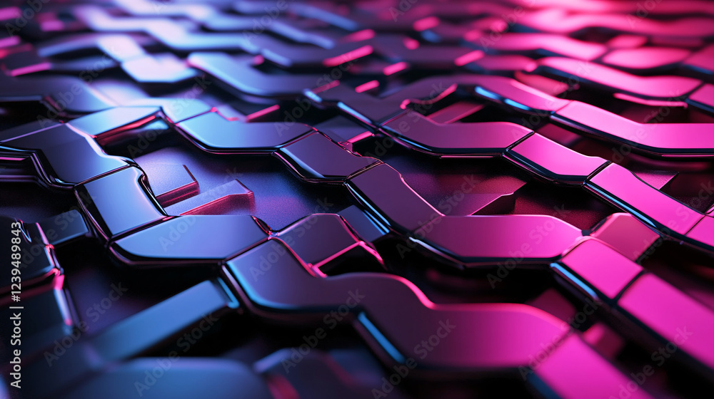 Poster neon geometric patterns interlocking on a black, glossy surface.