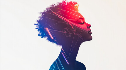 A woman's head is shown in a colorful, abstract style