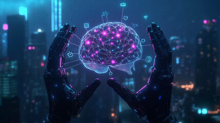 Robotic Hands Holding Glowing Human Brain Artificial Intelligence Connection Communication Between Human Brain and Robotic Hands Sleek Network in AI Brain Aglow Brain in Connection with Robotic Hands