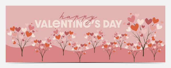 Cute Valentine's Day banner, cover, poster, greeting card, label, flyer with trees with pink, orange and white heart-shaped leaves, pink background, vector illustration