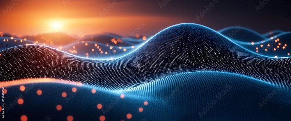 Poster Sunset over digital landscape; glowing data points; tech background