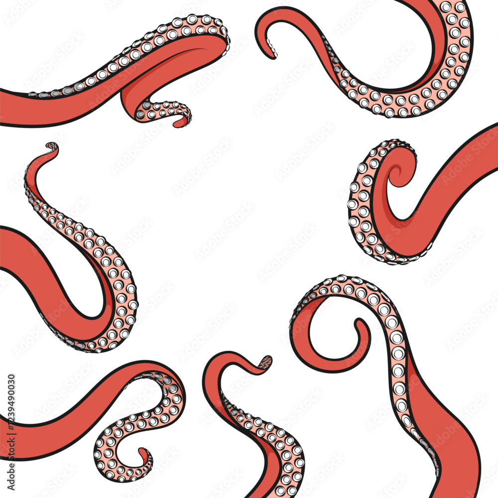 Poster set of color illustrations with octopus tentacles. isolated vector objects on white background.