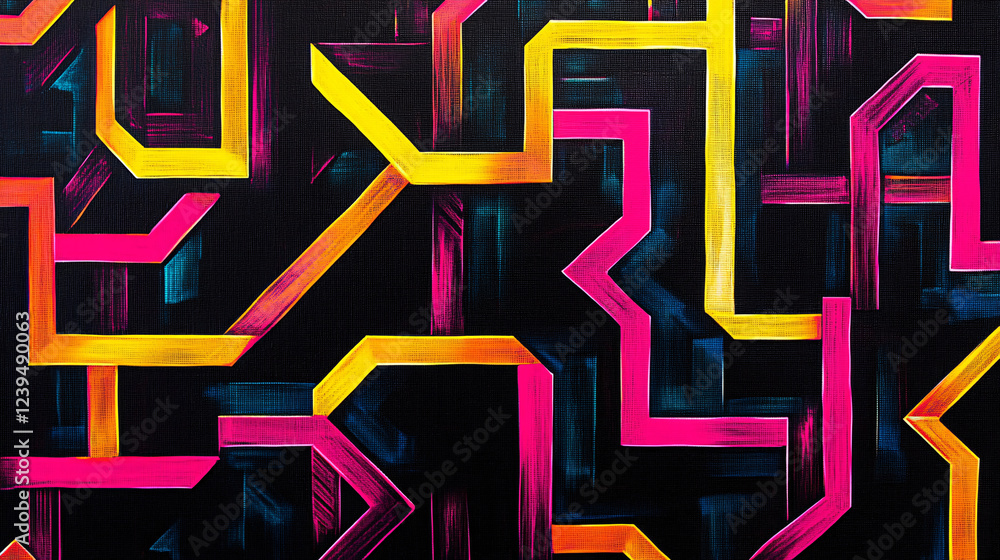 Poster neon geometric patterns interlocking on a black, glossy surface.