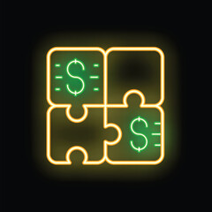 Neon sign representing the concept of financial strategy with puzzle pieces forming a square with a dollar sign inside