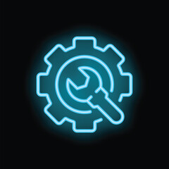 Neon blue wrench is overlapping a gear shape on a black background, symbolizing technical support