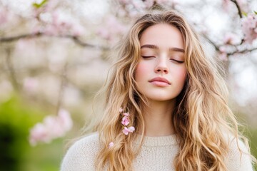 Naklejka premium Woman with long blonde hair is sitting under a tree with pink flowers