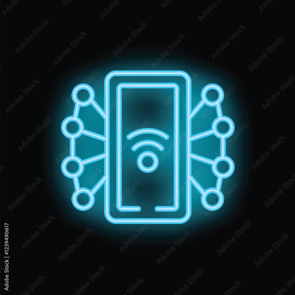Aufkleber blue neon icon of a smartphone connecting to a network hub with wifi symbol, representing wireless c