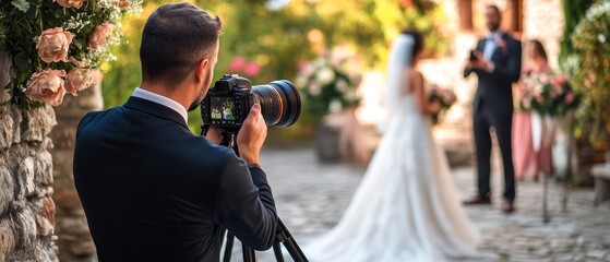 Professional wedding photographer capturing newlyweds in picturesque garden setting, surrounded by flowers and romantic ambiance