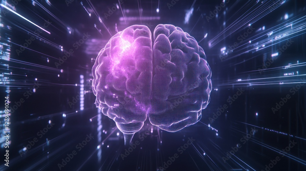 Poster abstract digital brain with glowing data streams and technological insights
