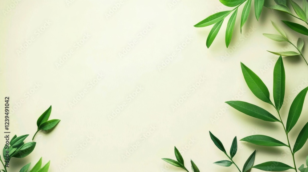Aufkleber Green leaves border a soft beige background creating a calming and natural atmosphere for design projects. Generative AI