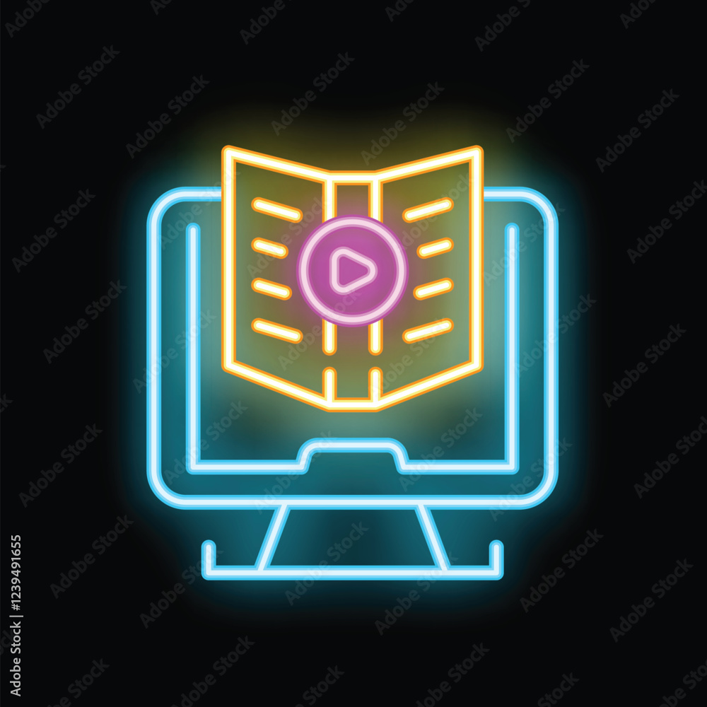 Poster glowing neon icon of a computer playing video content with a play button symbol over a screen