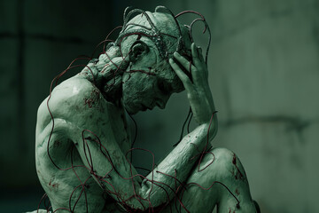 Futuristic Cybernetic Figure Holding Head in Distress, Symbolizing Mental Trauma, Emotional Isolation, Technological Alienation, and the Struggle of Human Consciousness in a Digital World.