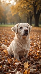 Excited dog romping in autumn leaves